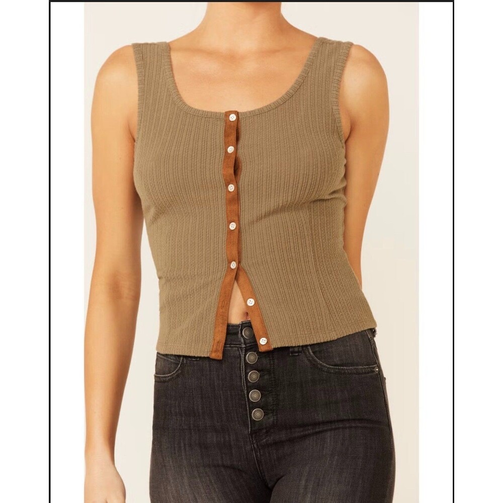 Shyanne Olive Green Ribbed Tank Top XL Western Boho Button Front Stretch